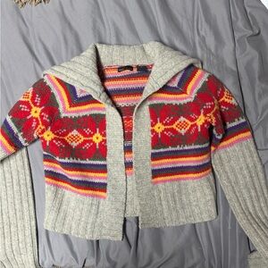 Moda International 100% wool Red and Gray Patterned Cardigan